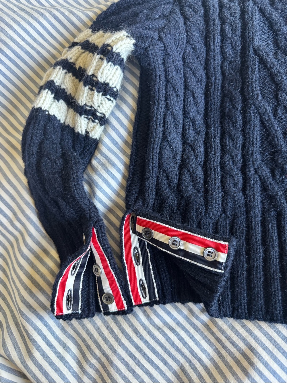 Thom Browne Navy Cable Knit Crewneck Sweater with Cream & Black Sleeve Detail - Picture 2 of 9